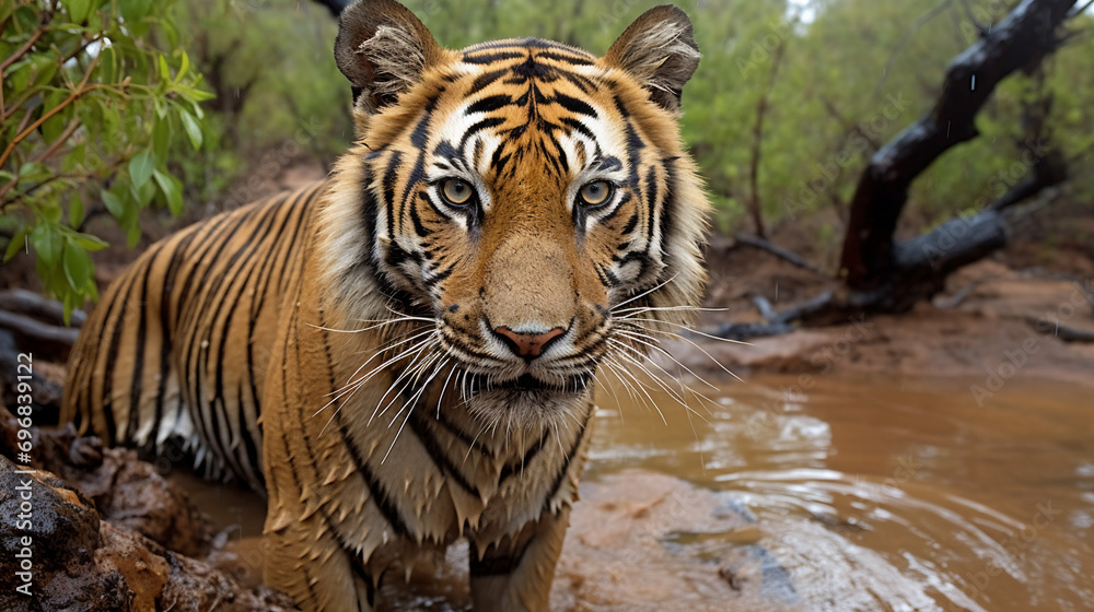 Indian tiger male with first rain, AI Generative. Indian tiger male with first rain, AI Generative.