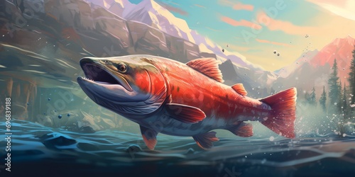 Illustration For leaping salmon in the water,generated with AI.