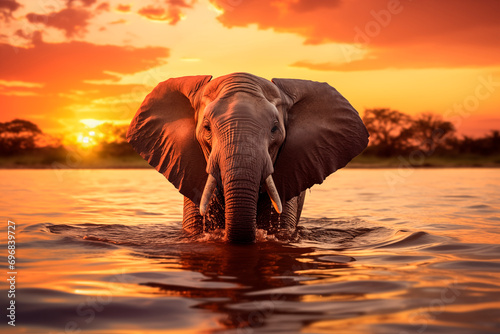Sunrise Spa Elephant Bathing in the Calm Morning Waters