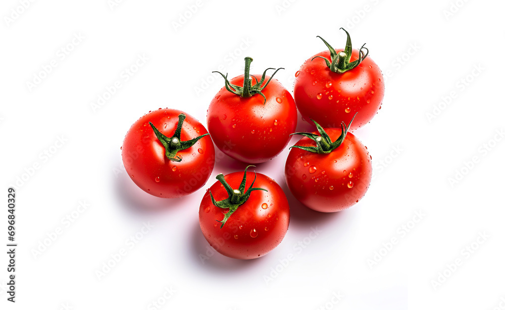 Fresh tomatoes with water drops isolated on white background. Design for labels, covers, promotions. Fresh tomatoes with water drops isolated on white background. Design for labels, covers, promotions.