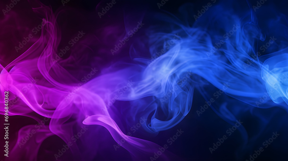 Waves of neon swirling blue and purple smoke dark abstract background