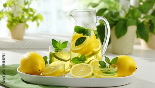 Refreshing lemon and lime infused water in traditional glasses on white kitchen counter