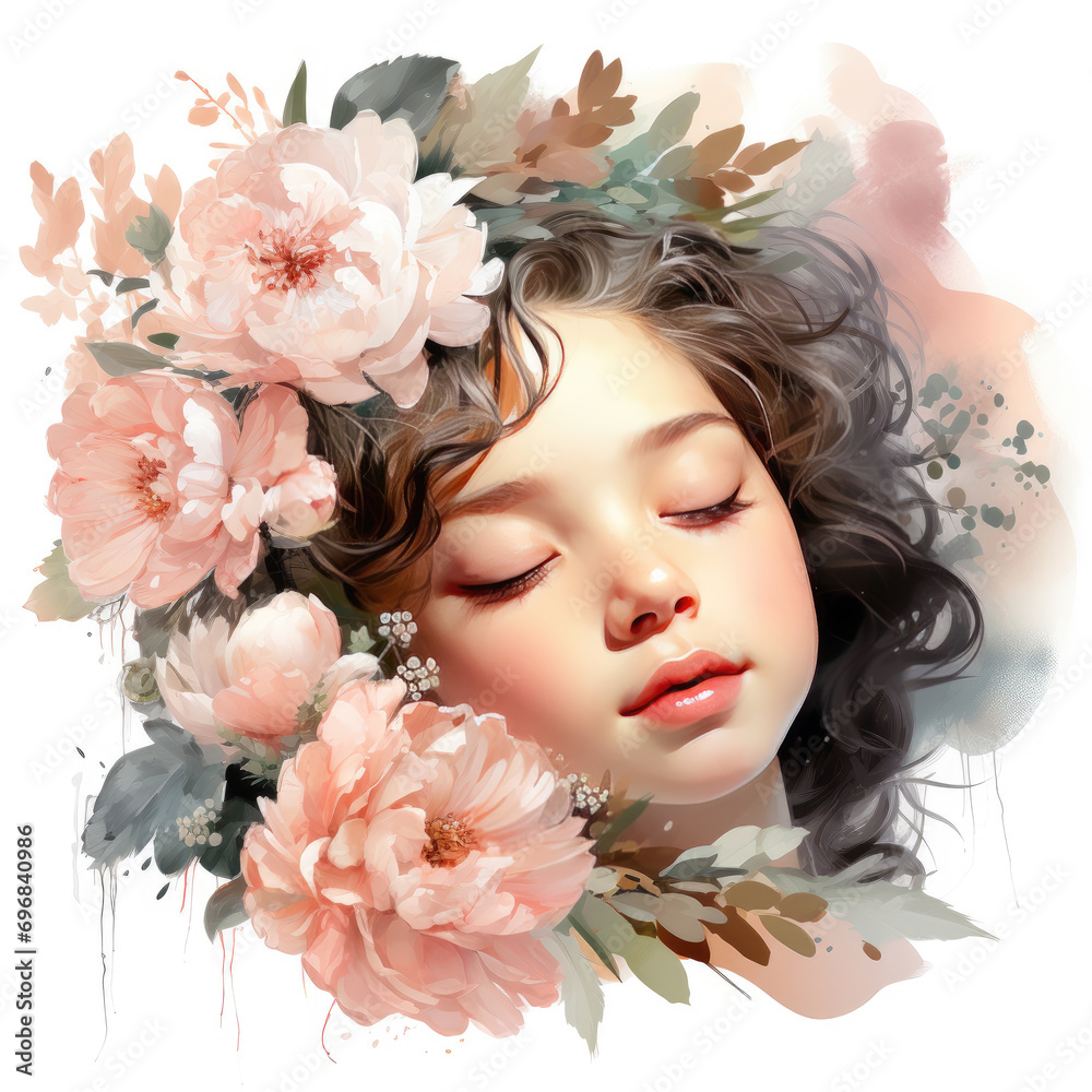 watercolor Cute Newborn Baby to Sleep with Flower, Generative Ai