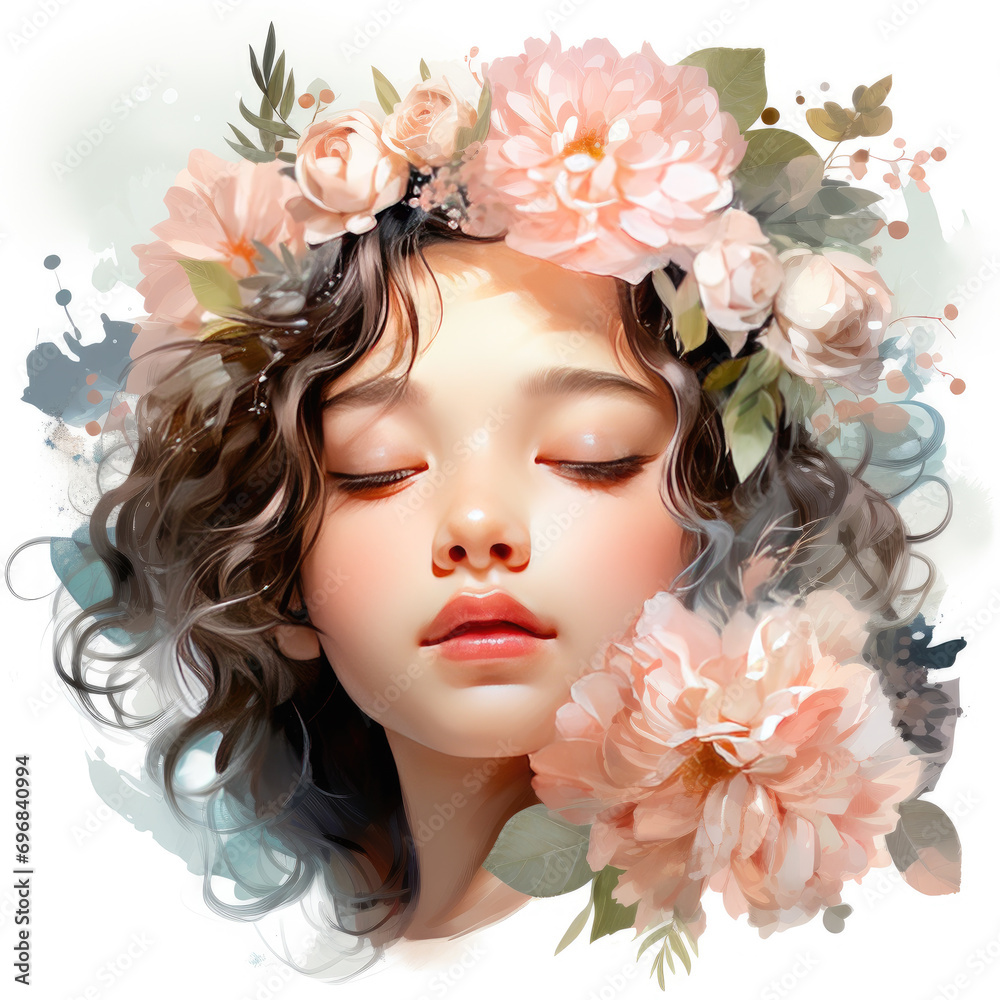 watercolor Cute Newborn Baby to Sleep with Flower, Generative Ai