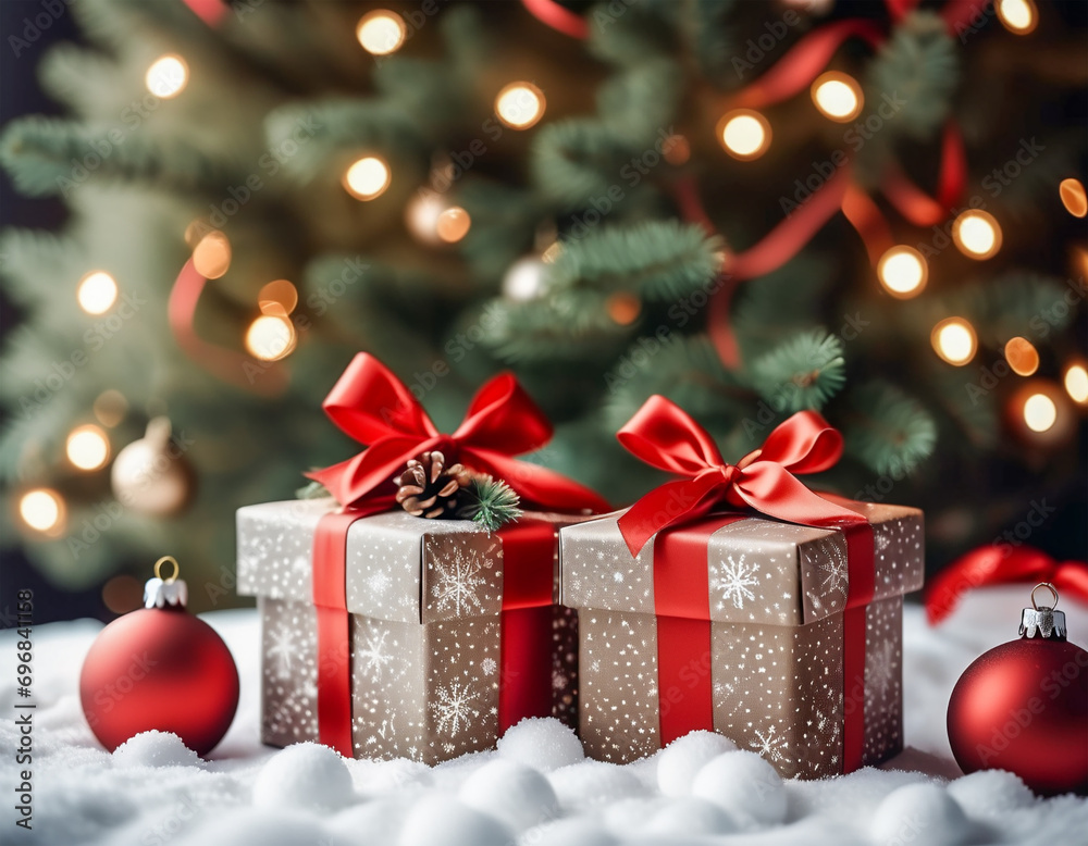 Christmas and New Year background with gift boxes decorated with red ribbon, red balls and Christmas tree on snow Christmas and New Year background with gift boxes decorated with red ribbon, red balls and Christmas tree on snow