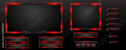 Black and Glow Red Border Futuristic Live Stream Overlay Webcam Frames and Stream Info Screen Panels on Black Background