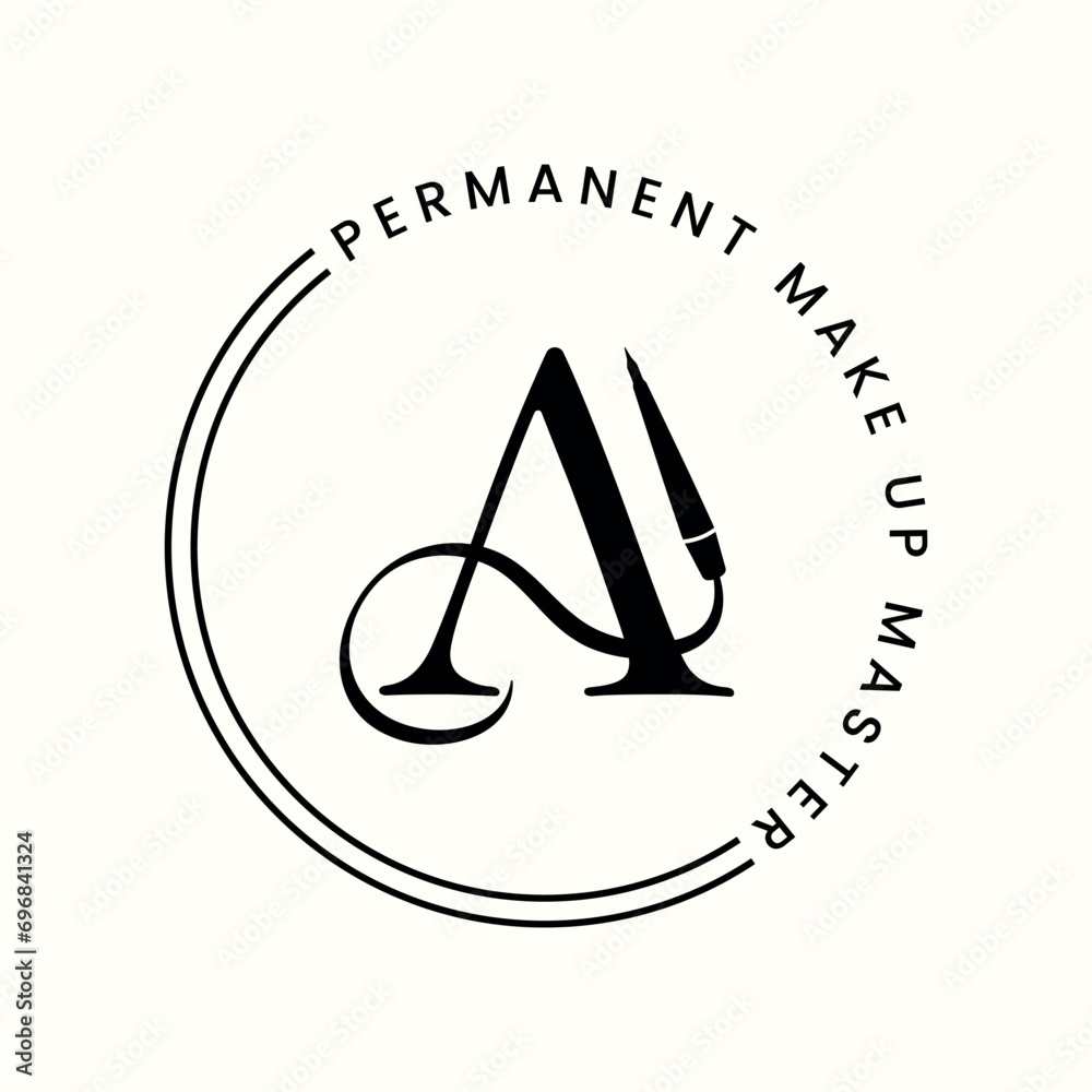 Black White Isolated Creative Logo For Permanent Makeup Artist Or Beauty Studio, Letter A, Minimalist Style, Round Version Of Logo. Machine for permanent makeup, tattoo pen. Vector illustration EPS10