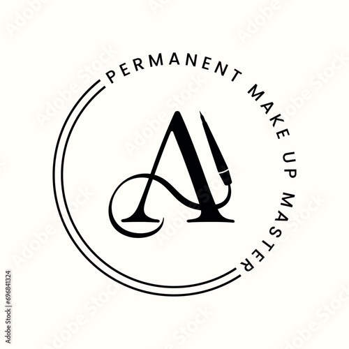 Black White Isolated Creative Logo For Permanent Makeup Artist Or Beauty Studio, Letter A, Minimalist Style, Round Version Of Logo. Machine for permanent makeup, tattoo pen. Vector illustration EPS10
