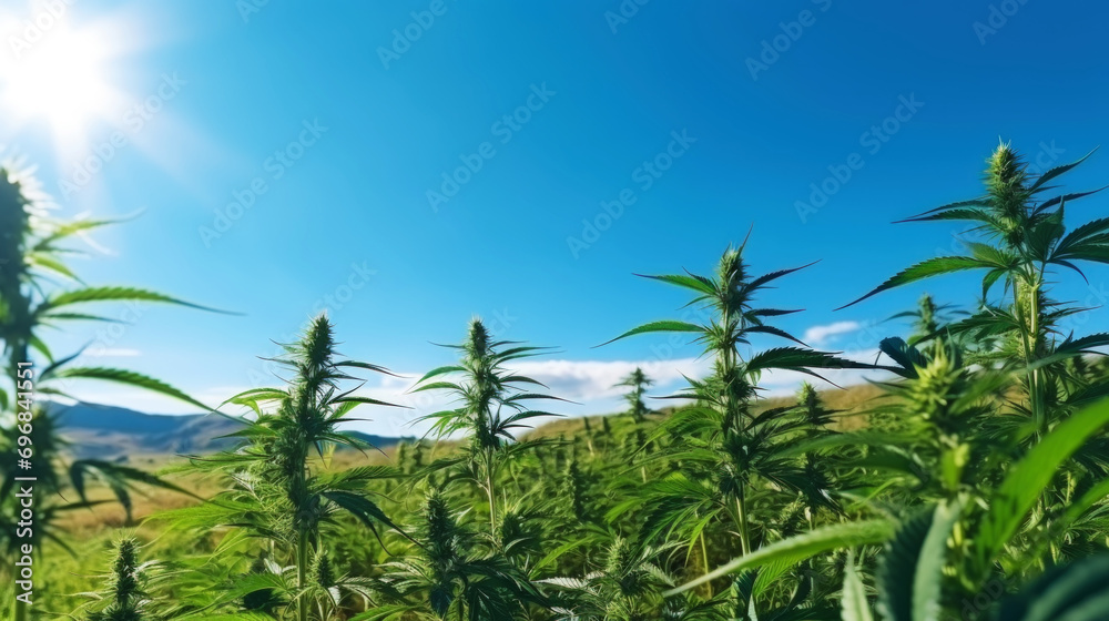 Close up of cannabis sativa plant on a field, sunny day. Industrial medical marijuana concept. Generative AI Close up of cannabis sativa plant on a field, sunny day. Industrial medical marijuana concept. Generative AI
