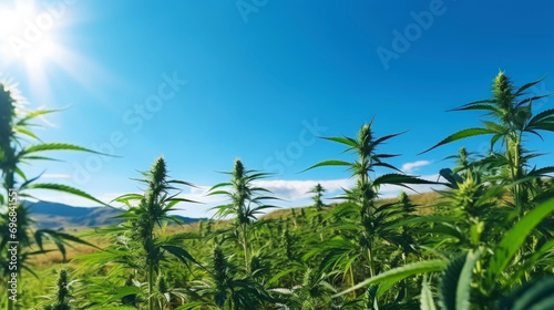 Close up of cannabis sativa plant on a field, sunny day. Industrial medical marijuana concept. Generative AI