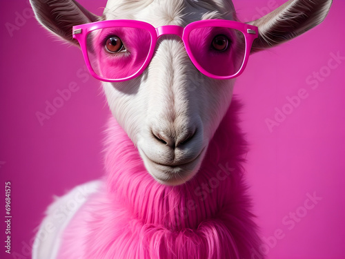 Portrait of a goat in a pink suit and pink glasses. © Natasa