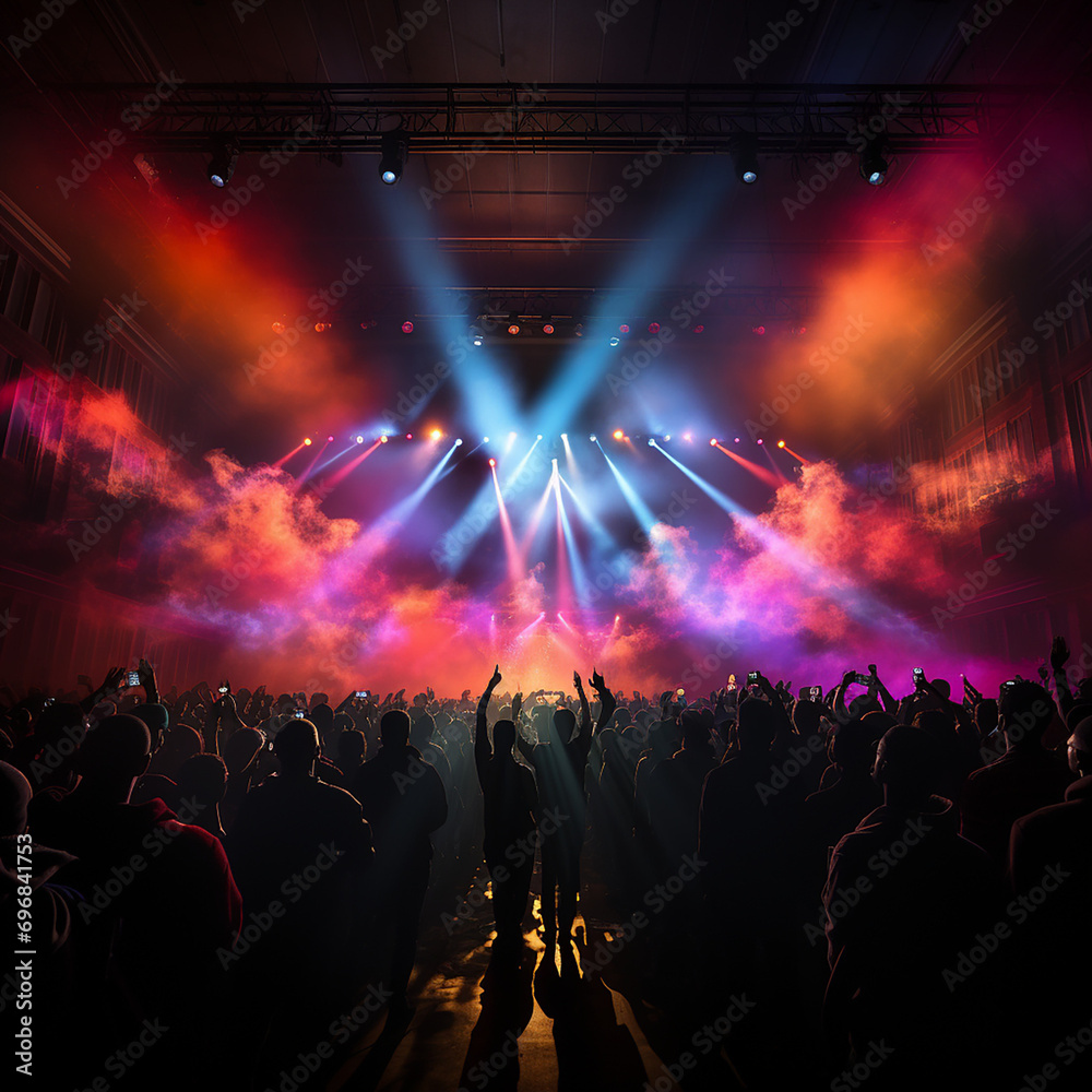 Illustration of a concert hall with projection light and crowd cheering on music