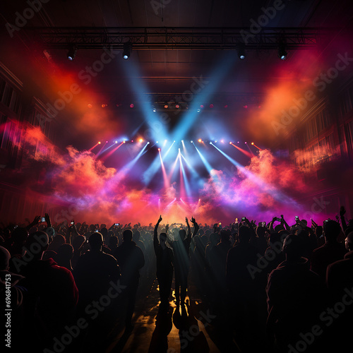 Illustration of a concert hall with projection light and crowd cheering on music © FRPhotos