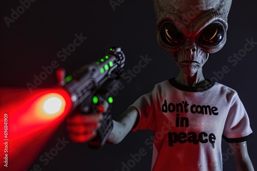 Evil Bad Alien with lasergun and shirt with i dont come in peace text photo