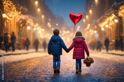 One little boy holds the hand of one little girl with basket of flowers. Heart-shaped balloon in their hands. Celebration of Valentine's day.