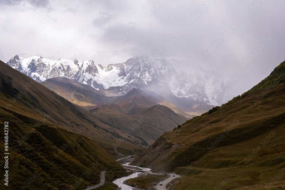 view of Mount Shkhara in cloudy weather