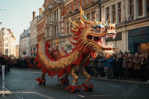 Chinese new year dragon puppet winding through crowded street, capturing parade excitement