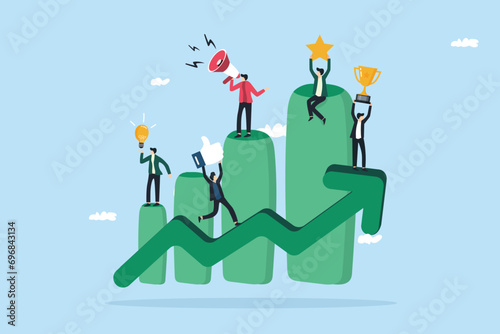 Team strategy for business success concept, team of business people working on improving bar graph.