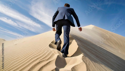 Below shot of man in business suit climbing up desert sand dune  photo