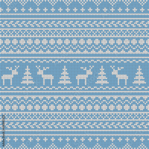 Winter knit texture pattern. Seamless vector illustration for Christmas, New Year, winter design. Xmas ugly sweater ornament. Fair isle pattern in blue and white.