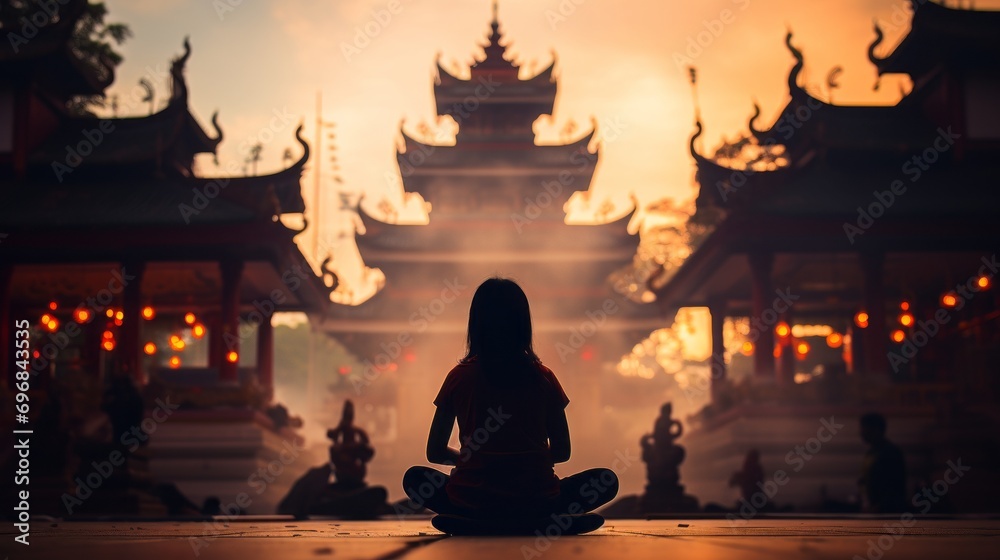 Vibrant chinese new year devotees lighting incense and praying at an ornate temple altar Vibrant chinese new year devotees lighting incense and praying at an ornate temple altar