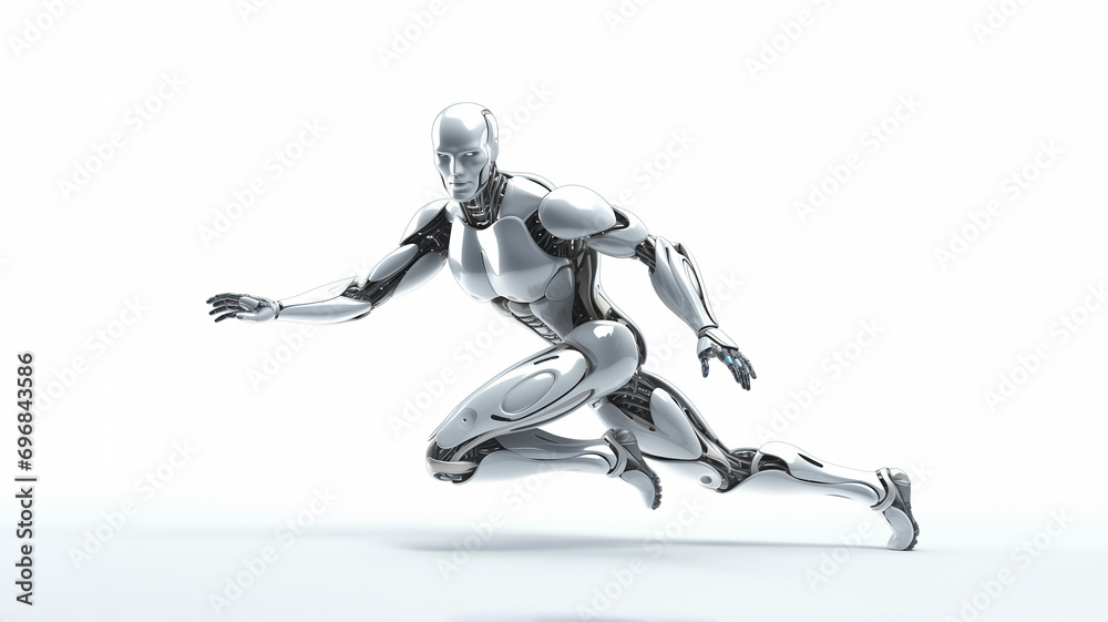 Moving AI Robot, Humanoid Design, White Backdrop Moving AI Robot, Humanoid Design, White Backdrop