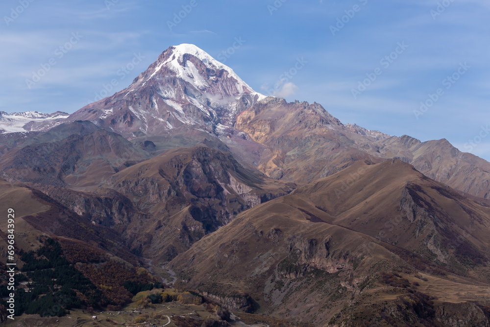 view of Mount Kazbek in the Caucasus mountains