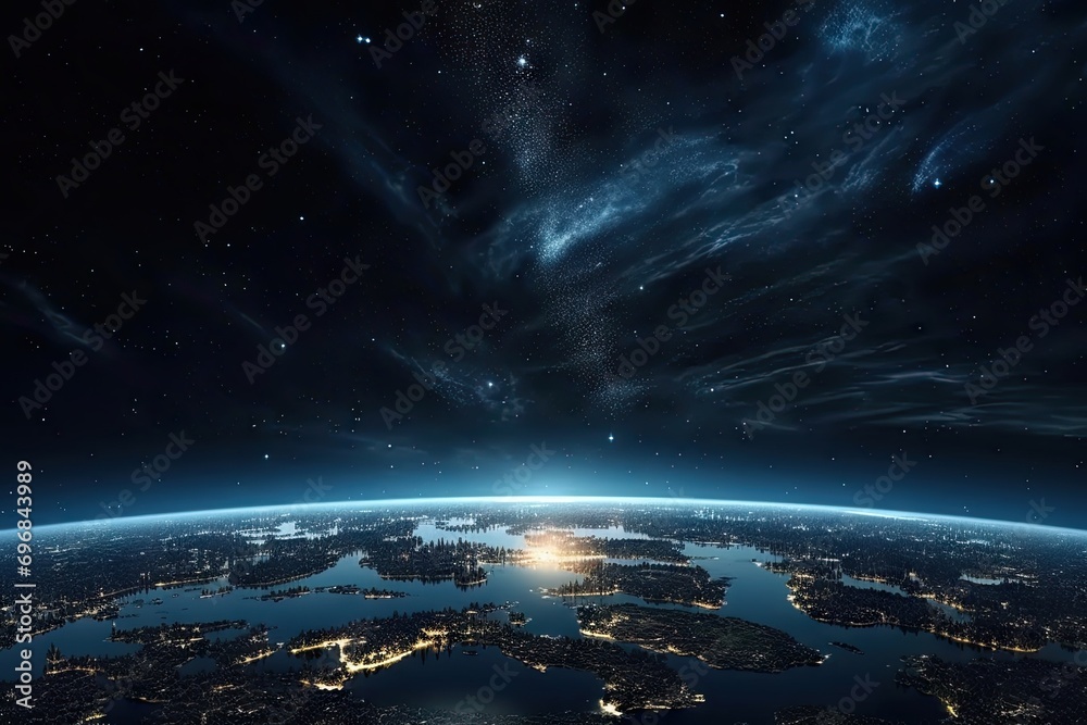 Captivating image offers stunning view of planet earth from space during serene hours of night. Deep blue hues of atmosphere create mesmerizing backdrop providing canvas for luminous city lights