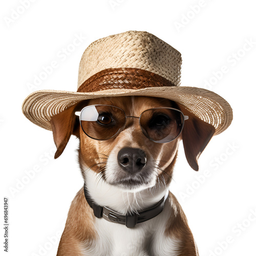 Cool dog in summer clothes, straw hat and sunglasses: Embodying the Summer fun concept, Isolated on Transparent Background, PNG photo