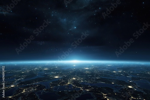 Captivating image offers stunning view of planet earth from space during serene hours of night. Deep blue hues of atmosphere create mesmerizing backdrop providing canvas for luminous city lights