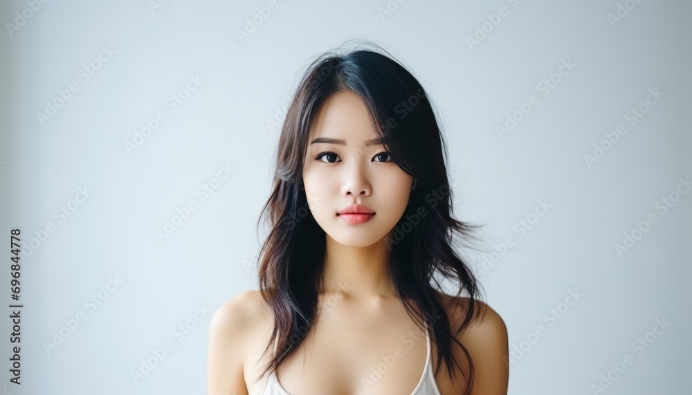 Elegant fashion portrait of a young asian woman with flawless, radiant skin on a white background