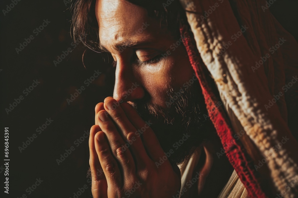 Jesus Christ in deep prayer, isolated, focused - obrazy, fototapety, plakaty 