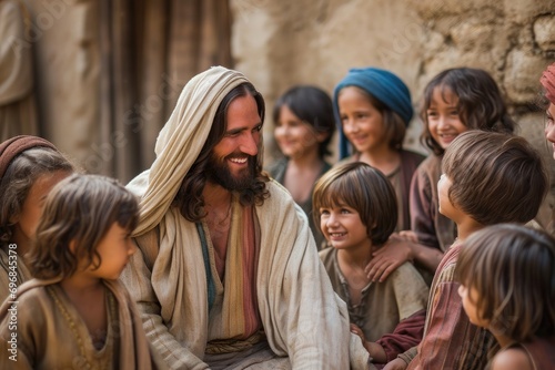 Jesus Christ blessing children, kind smile, gentle