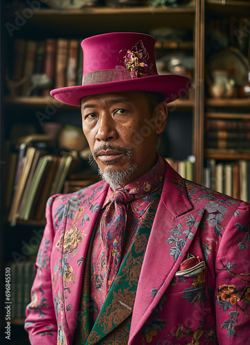 The old black pimp in his stylish pink wardrobe combination.