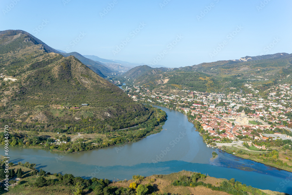 view from above of Mtskheta, confluence of the Kura River