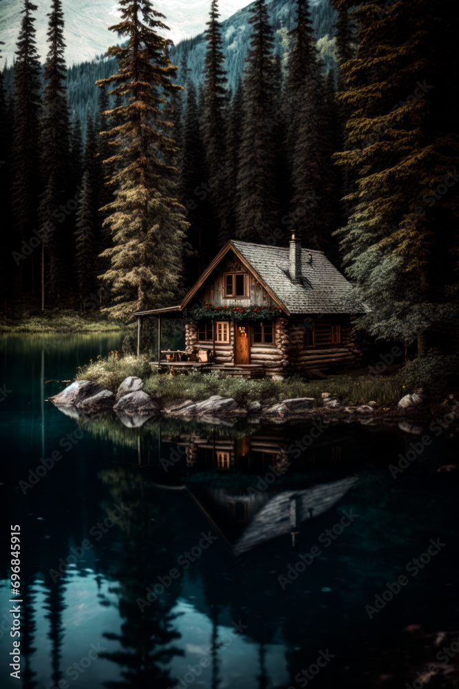 Wood cabin on a lake. Log cabin surrounded by trees and water in natural landscape. Wood cabin on a lake. Log cabin surrounded by trees and water in natural landscape.
