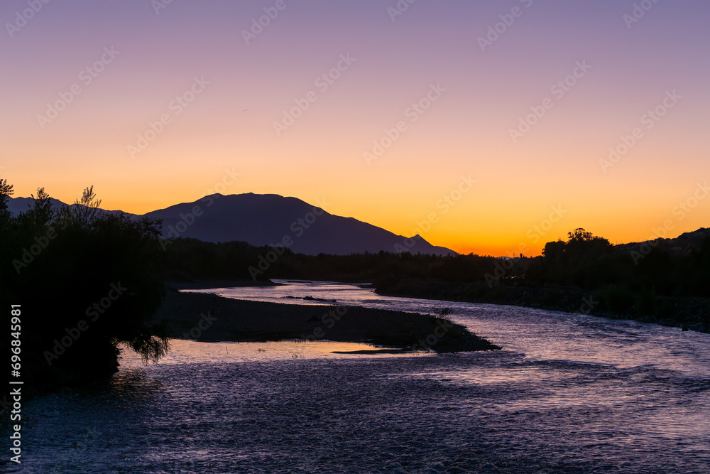 mountain river at dusk after sunset