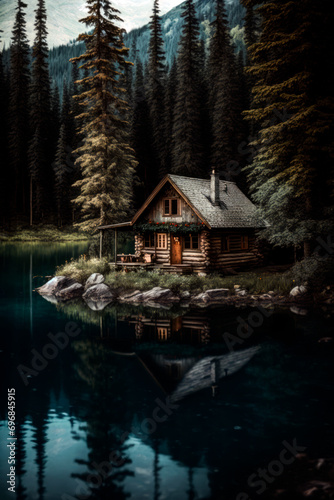 Wood cabin on a lake. Log cabin surrounded by trees and water in natural landscape.