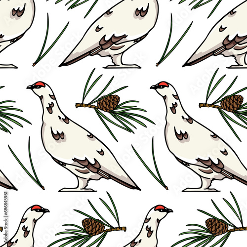 Vector seamless pattern with hand drawn Ptarmigans, pine twigs and needles. Ink drawing, graphic style. Beautiful animal design elements, perfect for prints and patterns