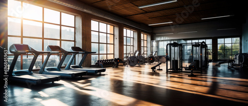 Still life photo of interior modern fitness center gym with a workout room. Empty space for text. photo