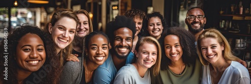 Close-up of a diverse group of people smiling together, various ethnicities and ages