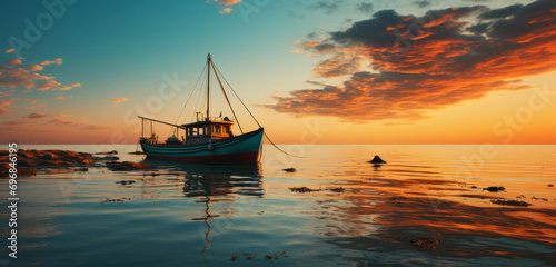Fishing boat on the beach in Sopot, Poland. Magnificent long exposure calm Baltic Sea. Wallpaper defocused waves. Fishermans sea bay Vacation and holidays. travel attraction. © emily