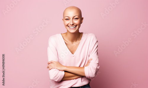 Brave woman with a bald head smiling confidently, symbolizing cancer awareness