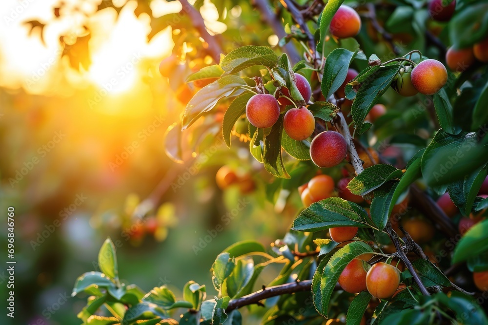 Peaceful sunset scene with ripening plum branch