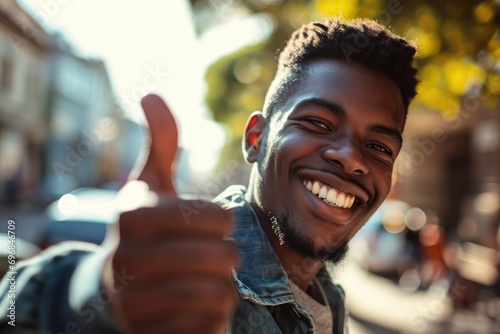 Joyful young man giving a thumbs up, full of enthusiasm