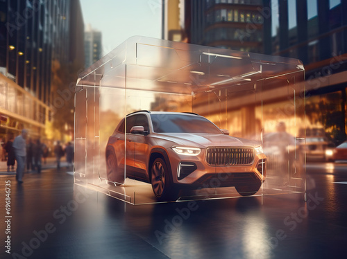  SUV Car in Transparent Container Driven with High-Speed Sync Lighting - Car Insurance Concept photo