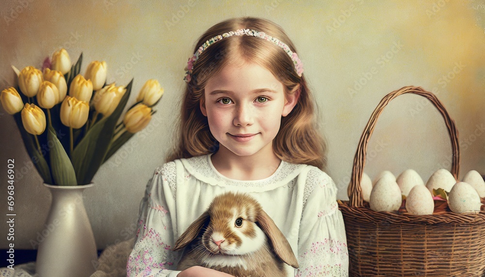 Fototapeta premium Dziewczynka z króliczkiem, obok tulipany i kosz z pisankami. Portret. Odcienie brązu i żółtego. Wielkanoc, wiosna