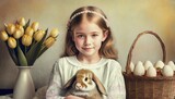 Dziewczynka z króliczkiem, obok tulipany i kosz z pisankami. Portret. Odcienie brązu i żółtego. Wielkanoc, wiosna