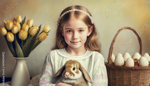 Dziewczynka z króliczkiem, obok tulipany i kosz z pisankami. Portret. Odcienie brązu i żółtego. Wielkanoc, wiosna