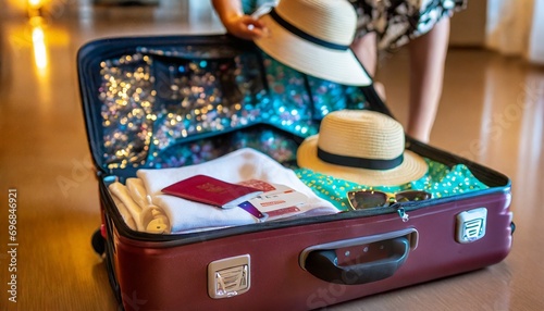Walizka spakowana na wakacyjny wyjazd. W walizce ubrania, okulary przeciwsłoneczne, kapelusz, na wierzchu paszport, dokumenty i bilety. W tle widać kobietę wkładającą do walizki kapelusz.
